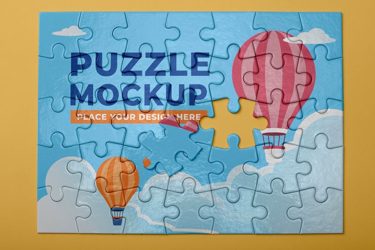 PSD puzzleteile mit heißluftballon und wolken