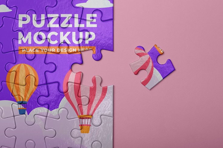 PSD puzzleteile mit heißluftballon und wolken