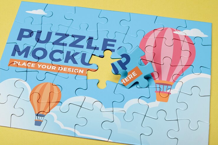 PSD puzzleteile mit heißluftballon und wolken