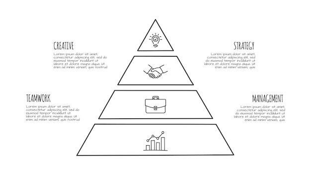 PSD pyramide infographique doodle avec 4 options icônes dessinées à la main illustration de la ligne mince