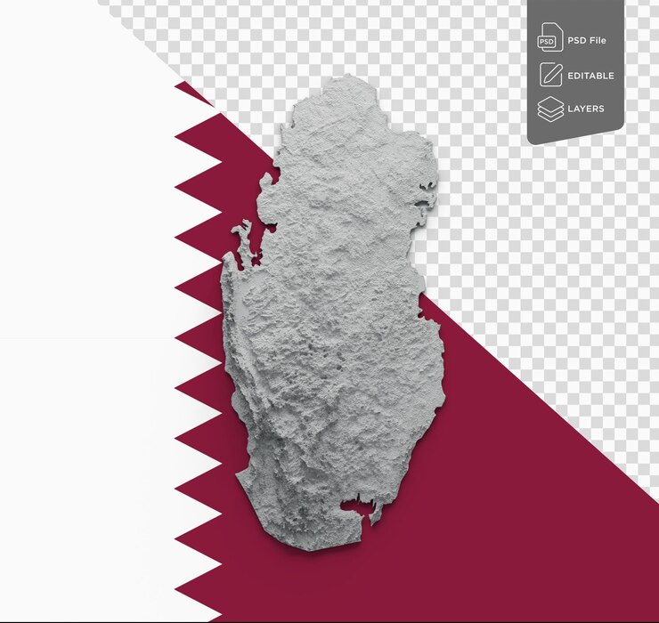 PSD qatar map gray and white shaded relief color height map on qatar flag background 3d illustration