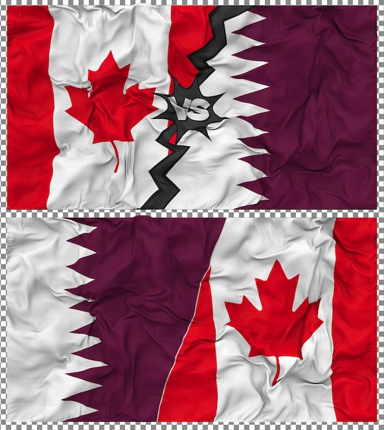 Qatar vs Canada Half Combined Flag Cloth Bump Texture Rendering 3D (Rendering en 3D) Il s'agit d'une combinaison de drapeaux à moitié combinés du Qatar et du Canada.