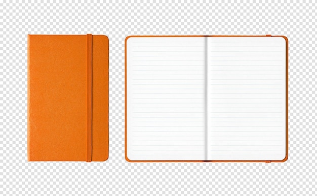 Quaderni a righe chiusi e aperti arancioni isolati su sfondo trasparente