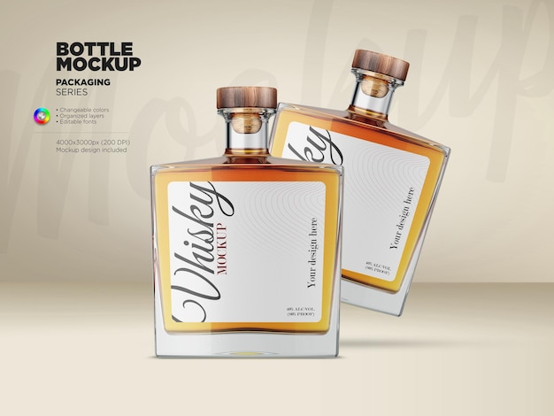 Quadratische glasflasche whisky mockup in 3d-rendering