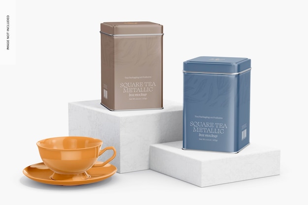 Quadratische Tee-Metallboxen-Attrappe, mit Tasse