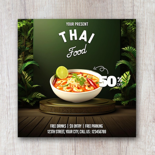 PSD quadratischer flyer für thailändisches asiatisches essen, social-media-post-banner, psd-vorlage, podium, grünes gold