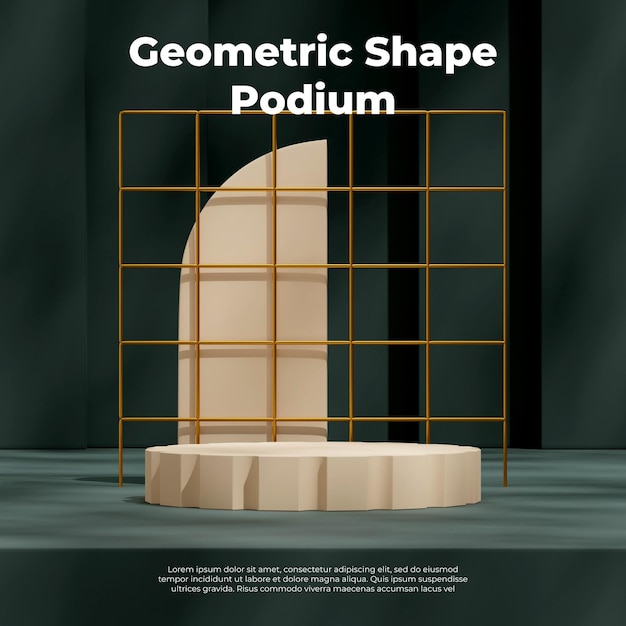 Quadratisches Layout hellbraunes Säulenpodium 3D-Rendering-Mockup-Vorlage grüner Hintergrund mit goldenem Gitter