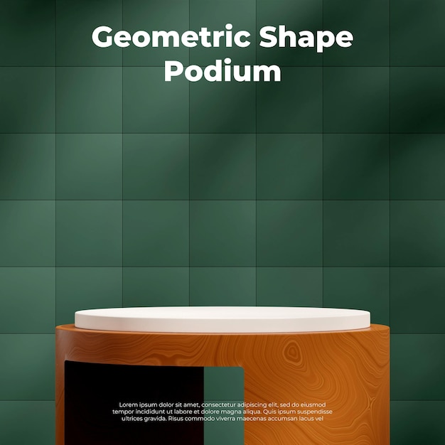 Quadratisches layout mit vorhanghintergrund 3d-rendering-vorlagenmodell aus weißem und hölzernem podium