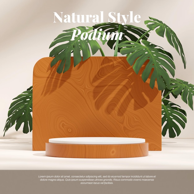 quadratisches Layout weiße Wand und Monstera 3D-Bild rendern leeres Mockup-Podium in Weiß und Holzstruktur