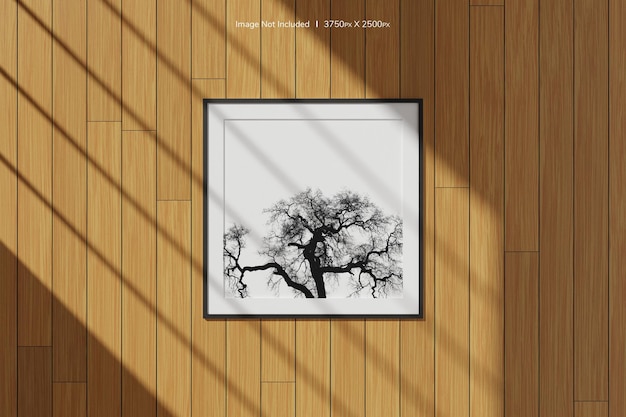 Quadratisches schwarzes Poster oder Fotorahmenmodell, das mit Fensterschatten an der Wand hängt. 3D-Rendering.