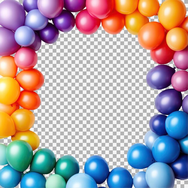 Quadro a palloncini colorati e illustrazione a nastro di confetti su sfondo trasparente per il rendering 3D con spazio di copia per il testo