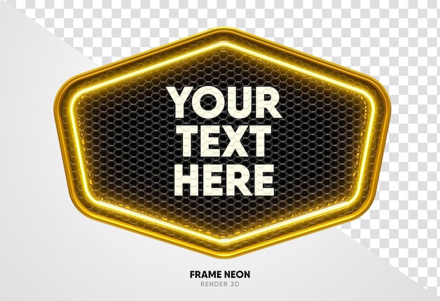 Quadro amarelo com textura de grade e neon em renderização 3d realista com fundo transparente