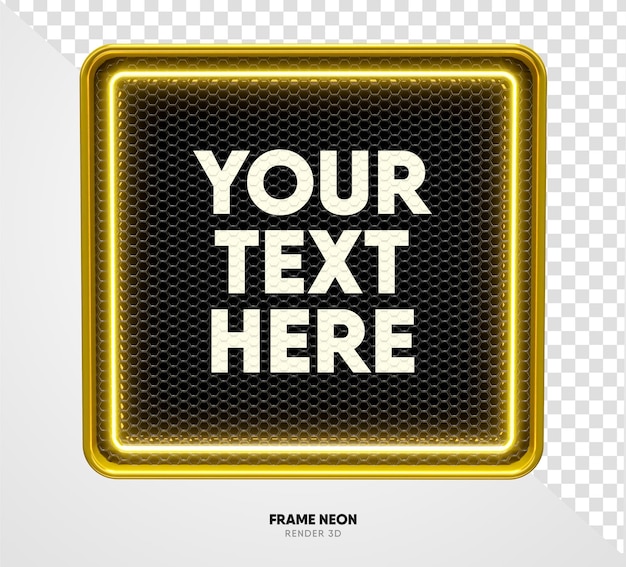 Quadro amarelo com textura de grade e neon em renderização 3d realista com fundo transparente