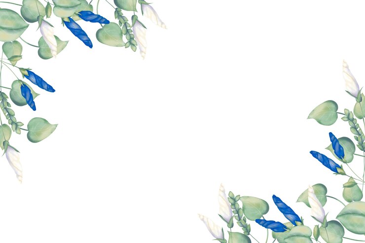 PSD quadro com botões de flores azuis e brancos com caules e folhas verdes ilustração digital em aquarela