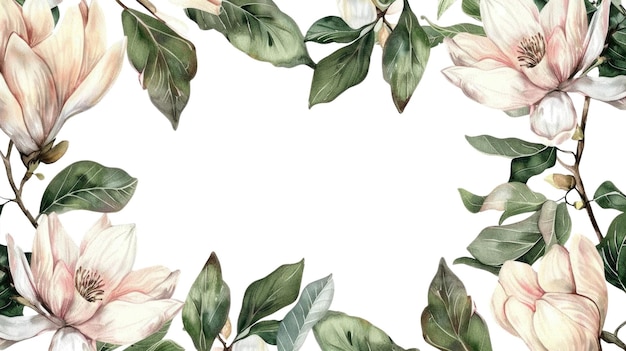 Quadro com flores e folhas de magnolia isoladas em um fundo branco AIG56