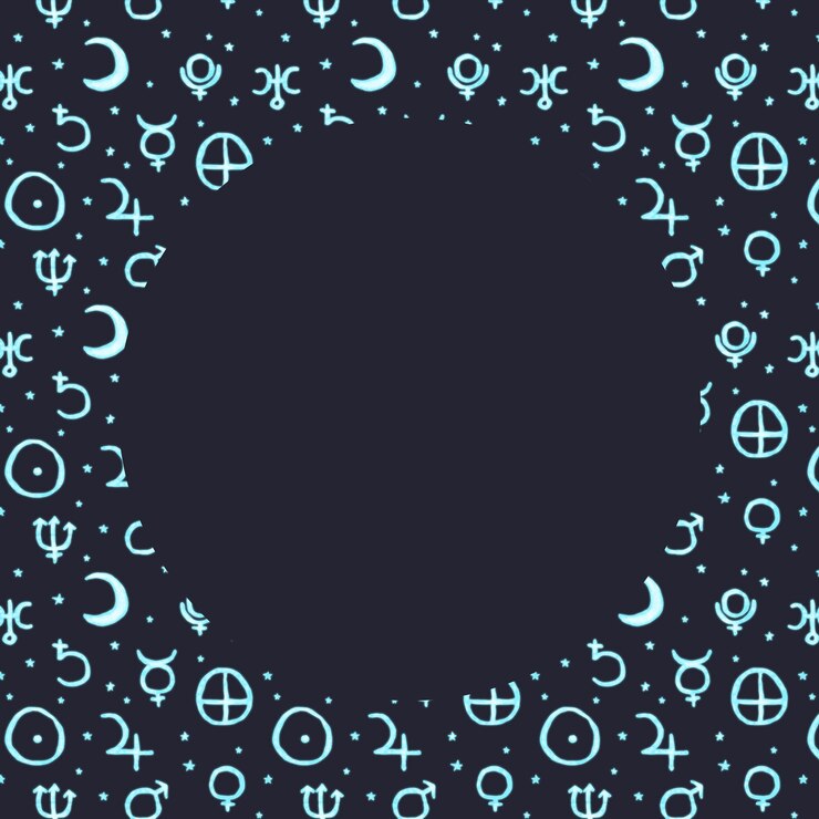 PSD quadro de estrelas e símbolos de planetas desenhados de forma desigual em cor azul com efeito de brilho