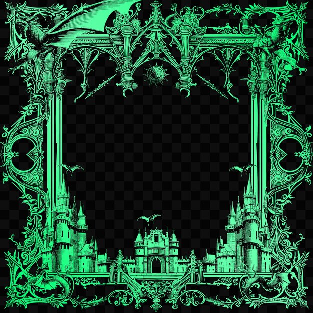 PSD quadro de imagem gótico cnc com decorações de castelo e dragão ador outline die cut tattoo tshirt art