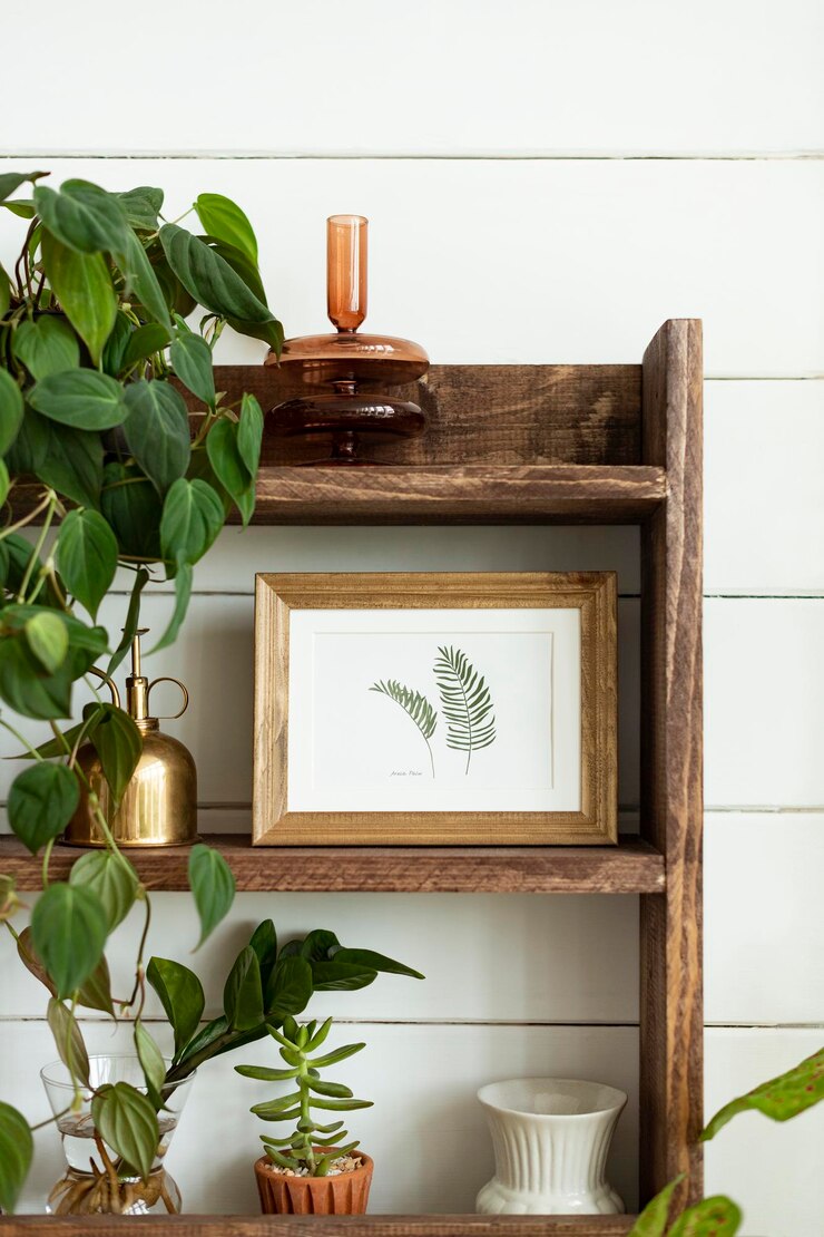 PSD quadro de imagem mockup psd em prateleira de madeira com plantas de casa decoração doméstica