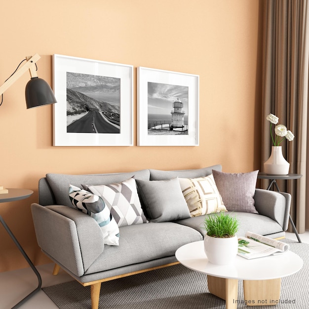 Quadro de maquete no interior da sala de estar em renderização 3D