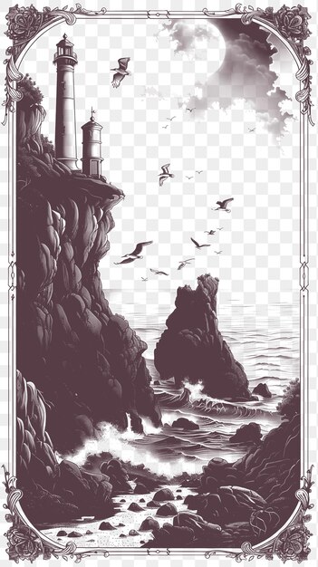 Quadro de paisagem de cliffside com papagaios e farol da costa irlandesa tatuagem de contorno de corte cnc