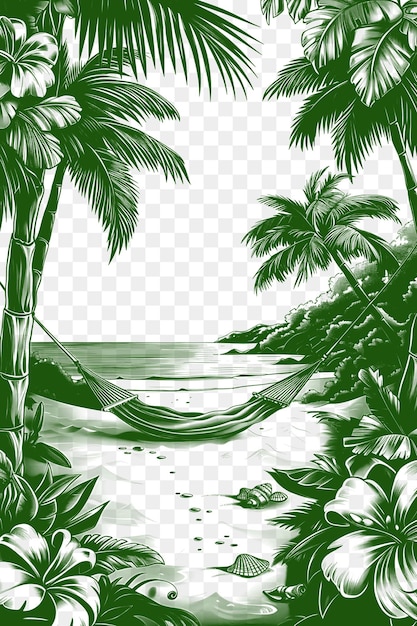 Quadro de paisagem de praia tropical com palmeiras e hamaca de bambu tatuagem de contorno de CNC