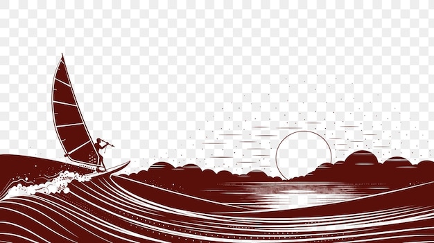 PSD quadro de paisagem marinha com um windsurfista um estilo de quadro esportivo com sua tatuagem de contorno de corte cnc