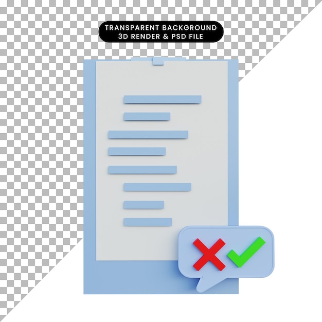 PSD quadro de papel de ilustração 3d com lista de verificação de letras e marca de cruz