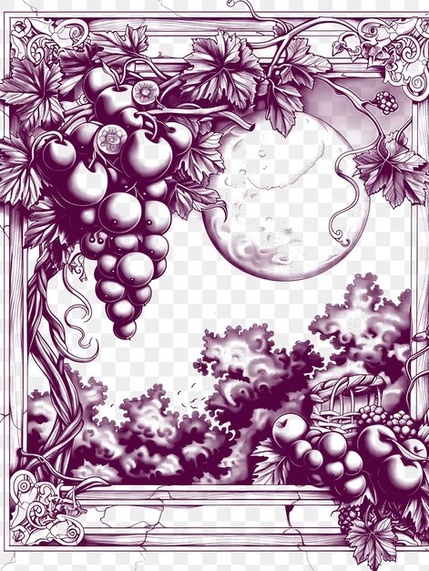 Quadro de pitoresca paisagem de pomar com uma lua cheia e frutas maduras tatuagem de contorno de cnc
