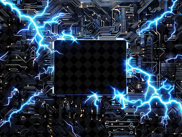 PSD quadro de placa de circuito png com boltos de relâmpago do símbolo litecoin e forma de néon y2k em fundo escuro