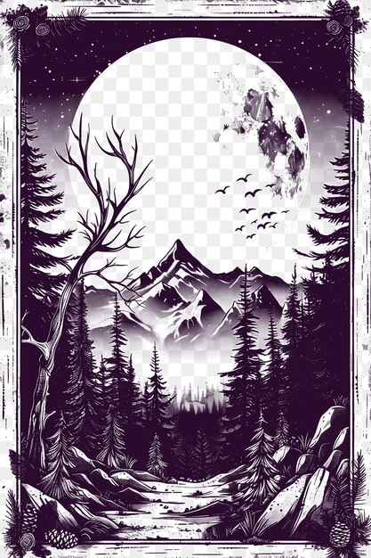 PSD quadro de uma paisagem alpina de tirar o fôlego com uma lua cheia e sempre verde cnc die cut outline tattoo