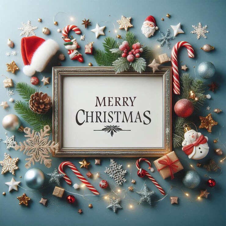 Quadro di striscione con cartello di Buon Natale e decorazione festiva su sfondo blu
