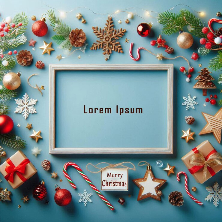 Quadro di striscione con cartello di Buon Natale e decorazione festiva su sfondo blu