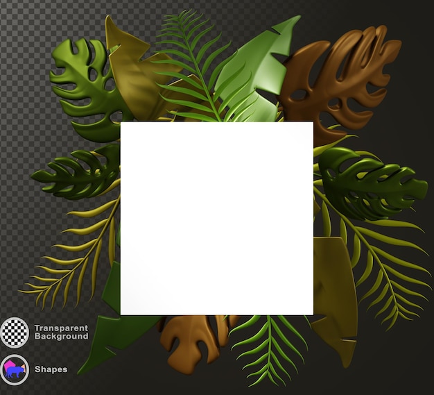 Quadro di striscione quadrato 3D con foglie verdi tropicali render giungla sfondo nero festa estiva volantino scuro poster bianco o modello di biglietto di matrimonio con fogliame di piante esotiche