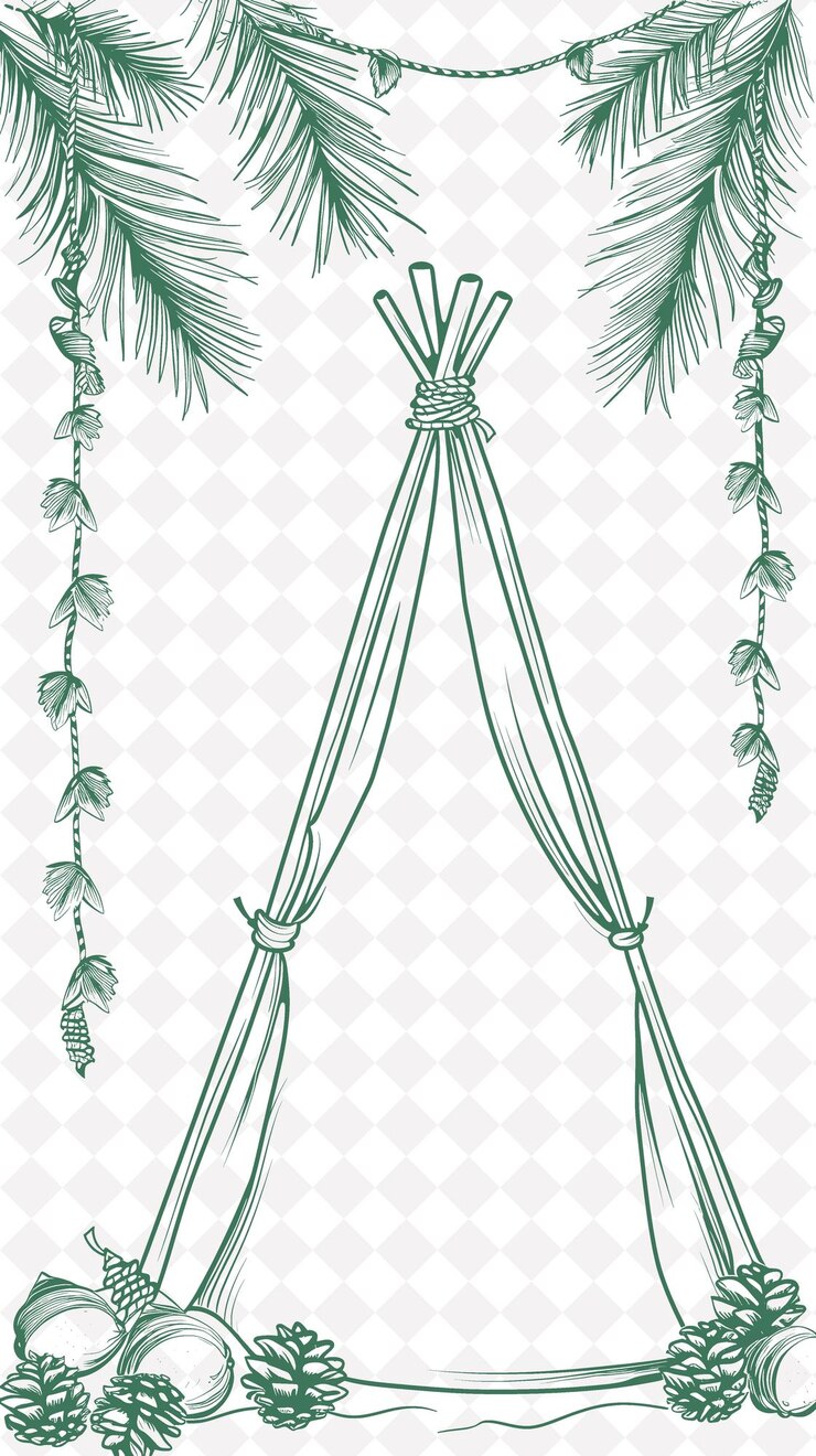 PSD quadro di tenda da campeggio con corda di paracord e forme di cono di pino png creative background design
