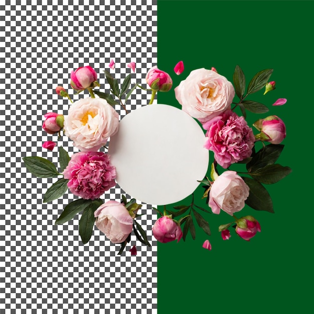 Quadro floral elegante com peônias rosas e brancas em fundo transparente png psd
