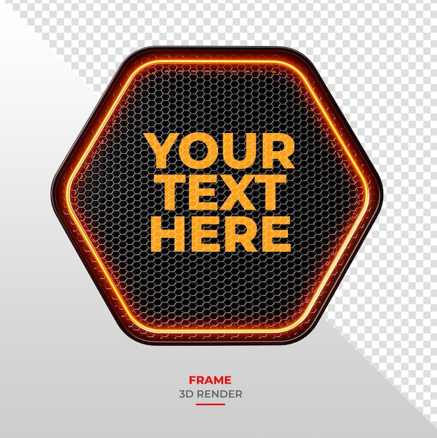Quadro hexagonal em renderização 3d com néon e textura de grade em fundo transparente