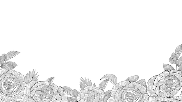 Quadro horizontal com ilustração de flor de rosa em pintura digital de estilo line art