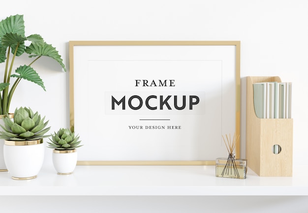 Quadro horizontal deitado na prateleira Mockup