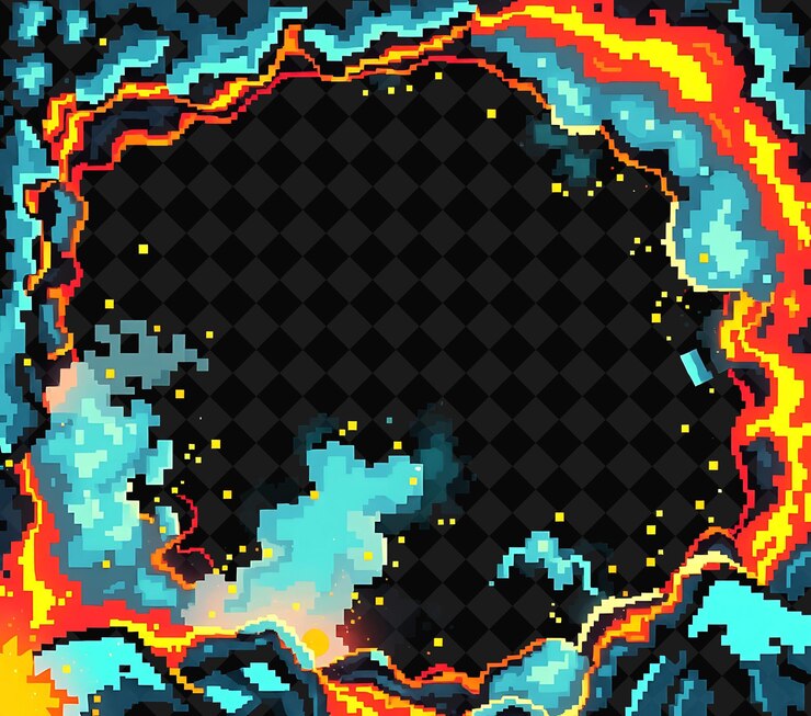 PSD quadro pixelado em fundo preto, cheio de decoração de jogo de quadro de pixel vívido e altamente isolado