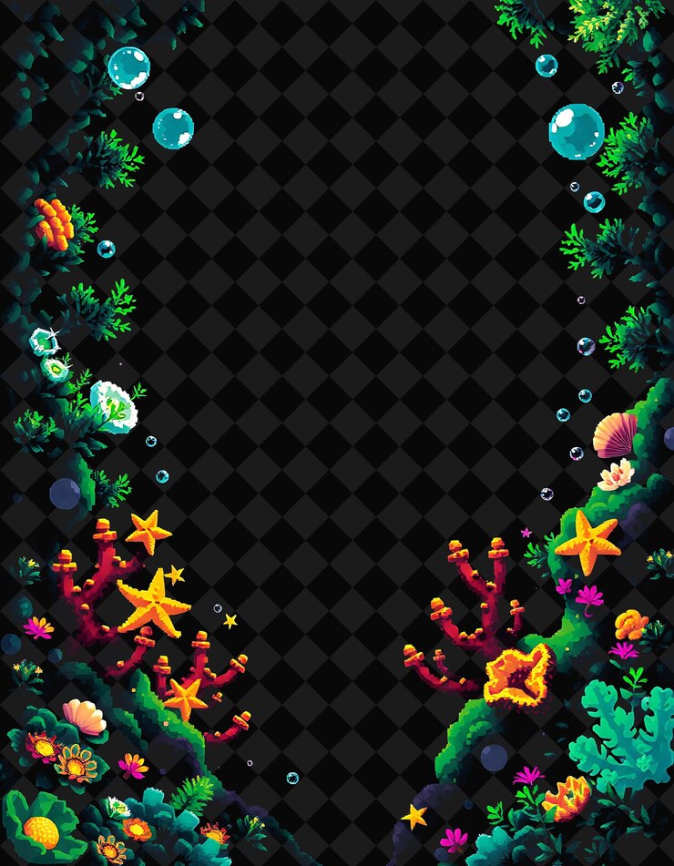 PSD quadro pixelado em fundo preto, cheio de decoração de jogo de quadro de pixel vívido e altamente isolado