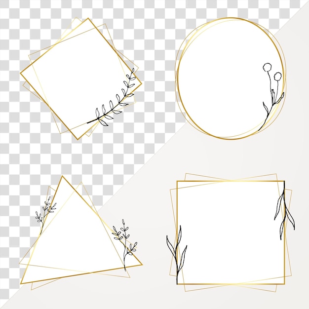 Quadro Png geométrico definido em minimal e dourado com rabiscos de flores em fundo transparente