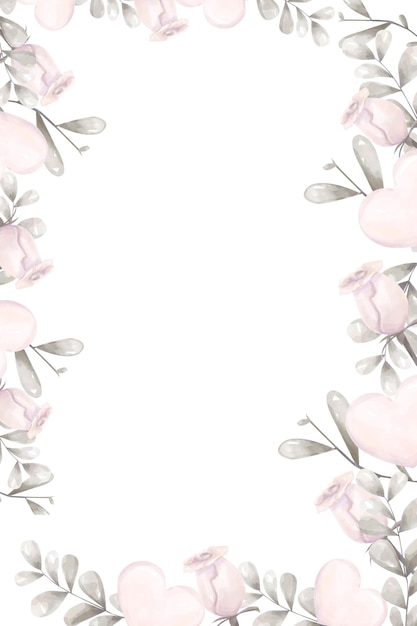 Quadro rettangolare floreale verticale con rose rosa fogliame argento cuori rosa acquerello digitale