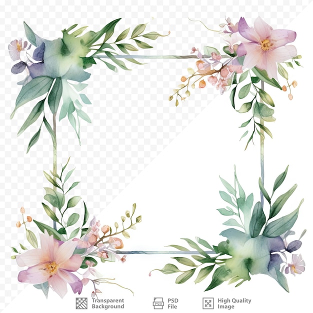 PSD quadro vintage de flores e folhas de ervas florestais em aquarela isoladas em fundo transparente