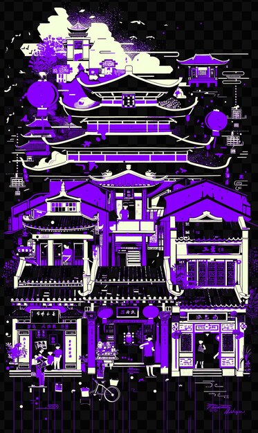 PSD le quartier chinois de jakarta avec la scène culturelle de la rue, les temples, les herbes, le psd, le t-shirt vectoriel, le tatouage, l'encre, le scape art.