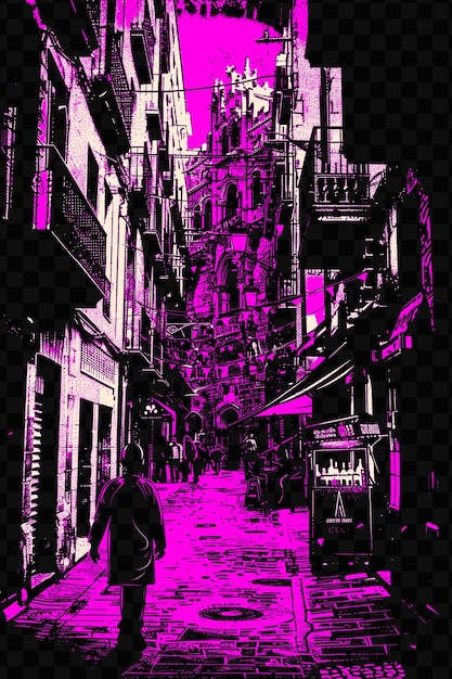 Le Quartier Gothique De Barcelone Avec Une Scène De Rue Médiévale Et Un T-shirt Vectoriel Psd Tattoo Ink Scape Art