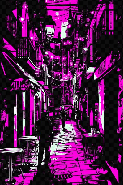 PSD le quartier gothique de barcelone avec une scène de rue médiévale et un t-shirt vectoriel psd tattoo ink scape art