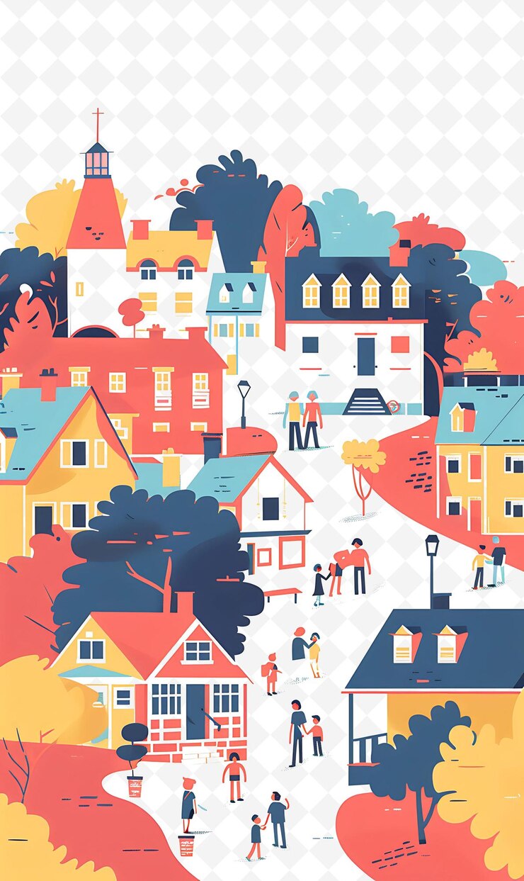 PSD quartiere suburbano con famiglie che votano su un poster a illustrazione piatta
