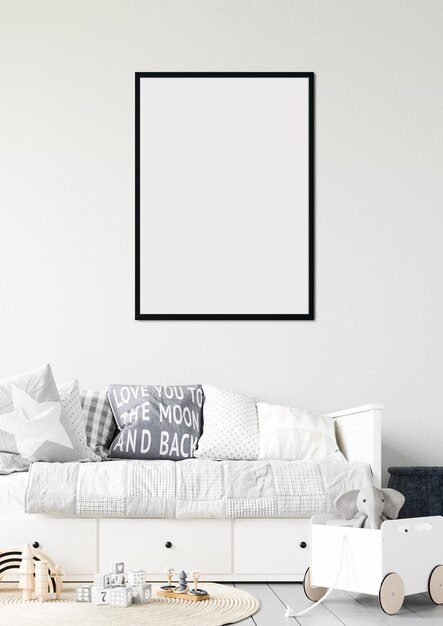Quarto aconchegante para crianças com leito de dia e maquete de estrutura em branco