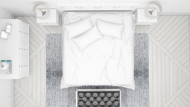Quarto clássico ou quarto de hotel com cama de casal e móveis elegantes, vista superior