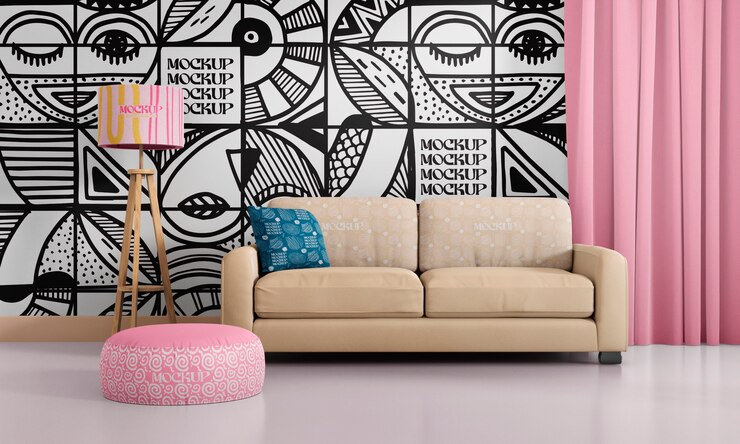 PSD quarto com decoração de móveis interiores